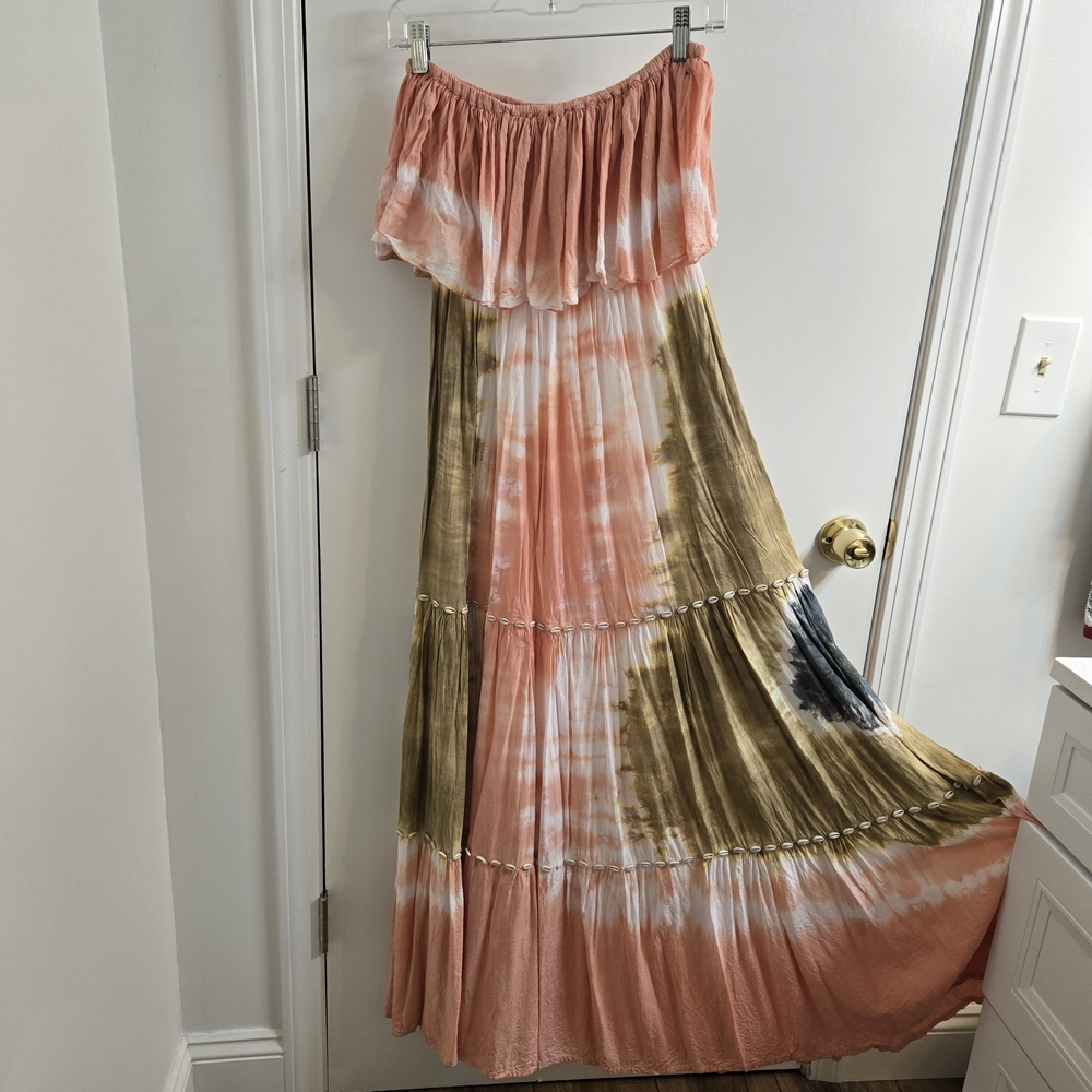 de mil amores Boho Tie-Dye Strapless Maxi Dress with conchas, Pink, One Size - Picture 4 of 16